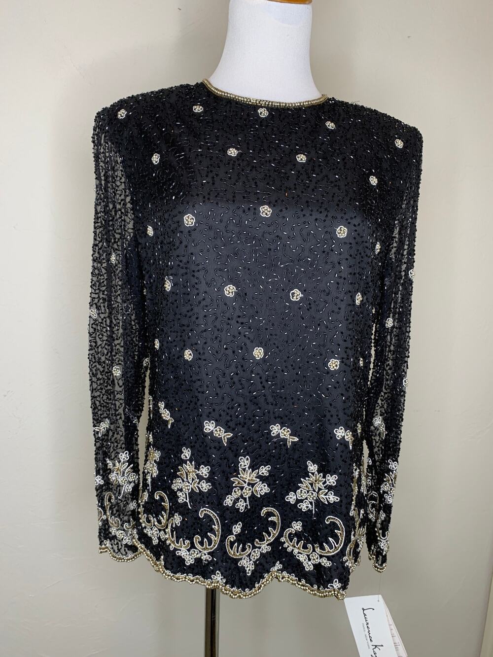 NWT Laurence Kazar Black Sequin Top Long Sleeve Sz Medium Silk